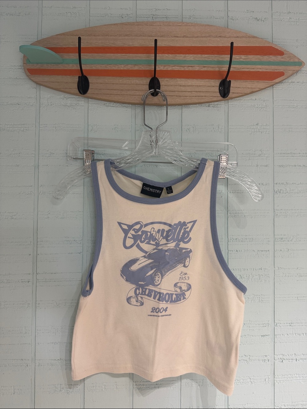 Chemistry Cream Tank Top with Blue Trim and Corvette Graphic